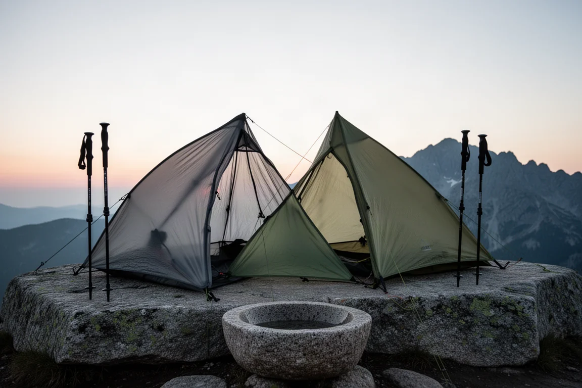 Two ultralight trekking-pole shelters pitched on a granite slab at dusk