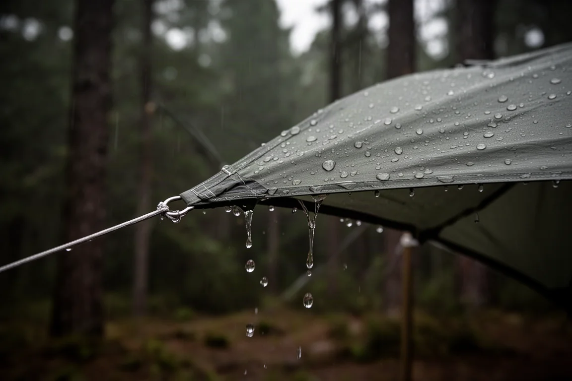 Rain beading and running off taut tent fabric stretched between guylines