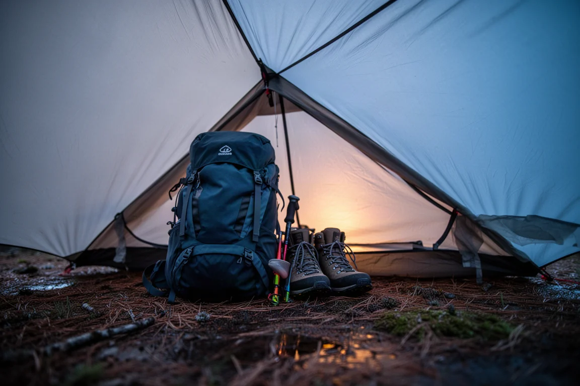 Backpack and gear stored under an ultralight tent vestibule at dusk