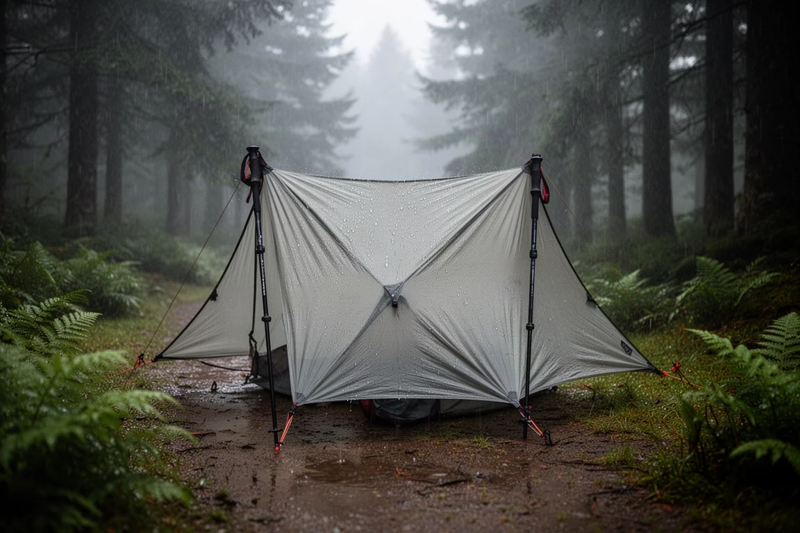 Ultralight shelter pitched in steady rain on a forested trail