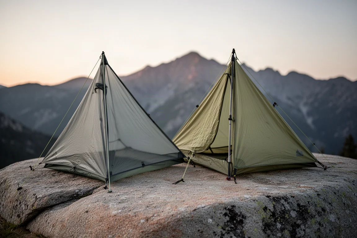 Two ultralight trekking-pole tents pitched side by side on a granite slab at dusk