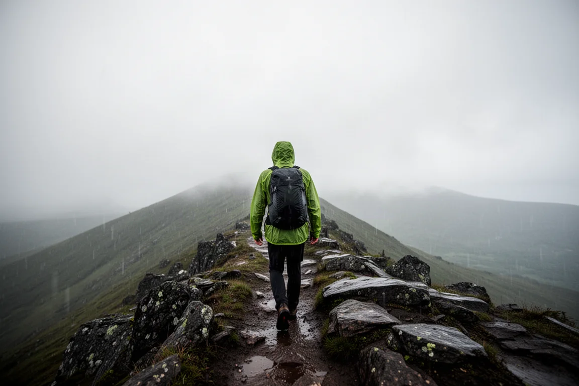 穿著雨衣的登山客在細雨中走在霧氣繚繞的稜線步道上