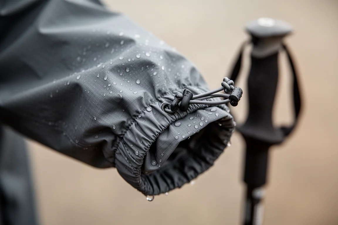超輕量雨衣袖口上彈性繩束口設計的特寫