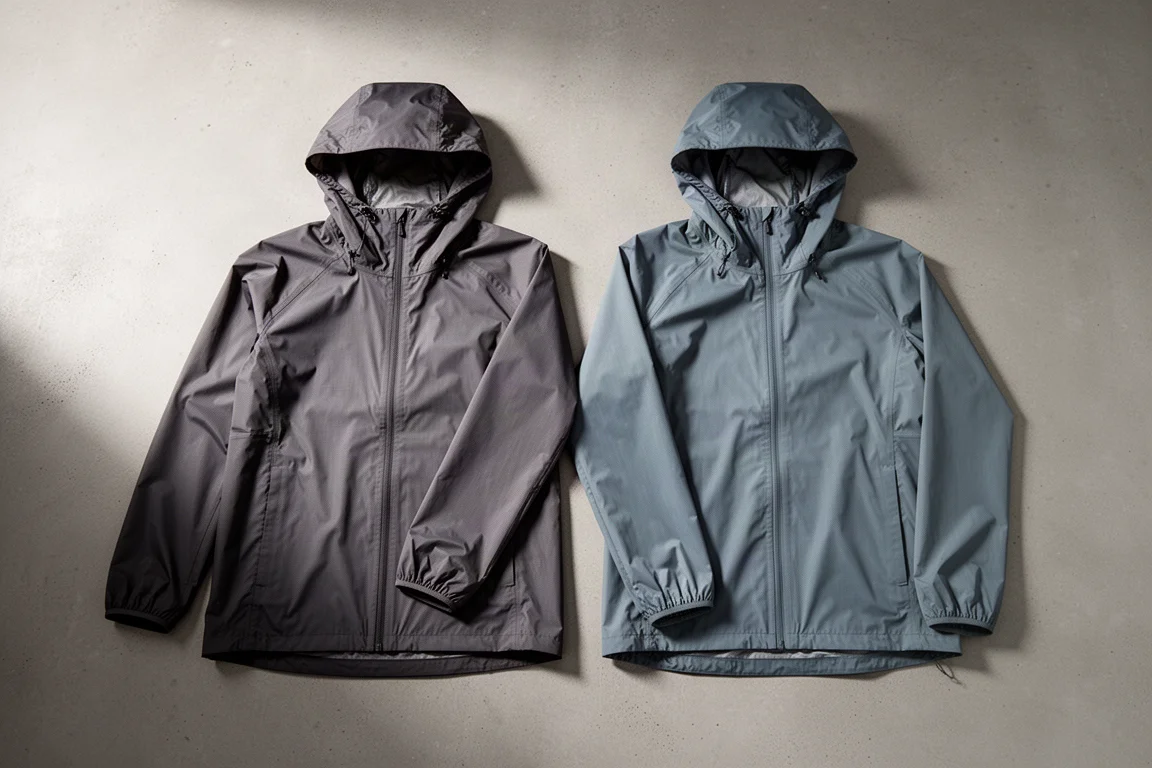 Two ultralight hooded rain jackets side by side on a matte concrete surface