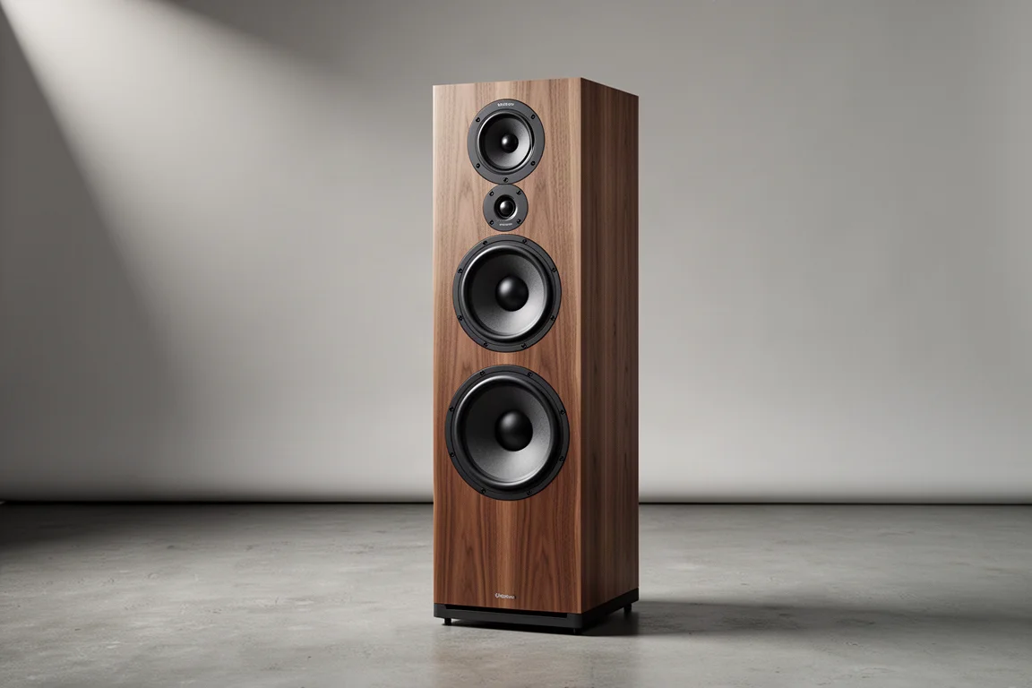 Tall wood-veneer floorstanding loudspeaker with stacked coaxial drivers and a lower woofer