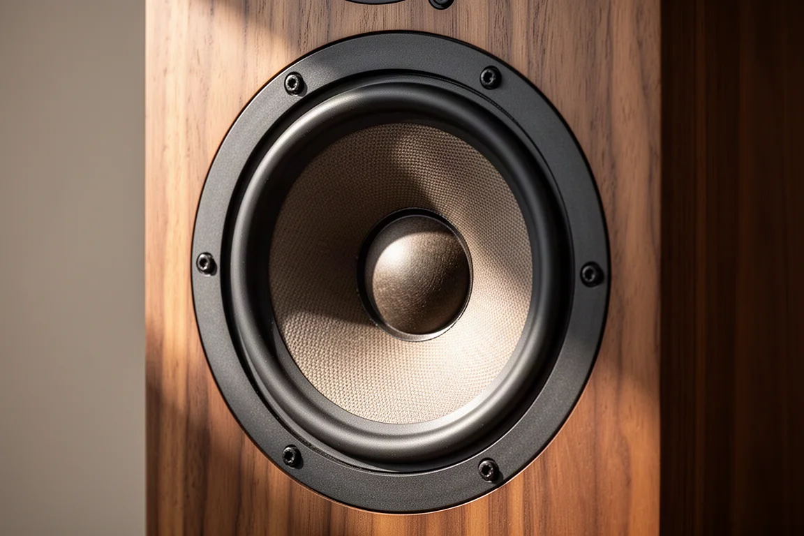 Primo piano di un grande driver full-range con cono in carta inserito in un cabinet impiallacciato in legno