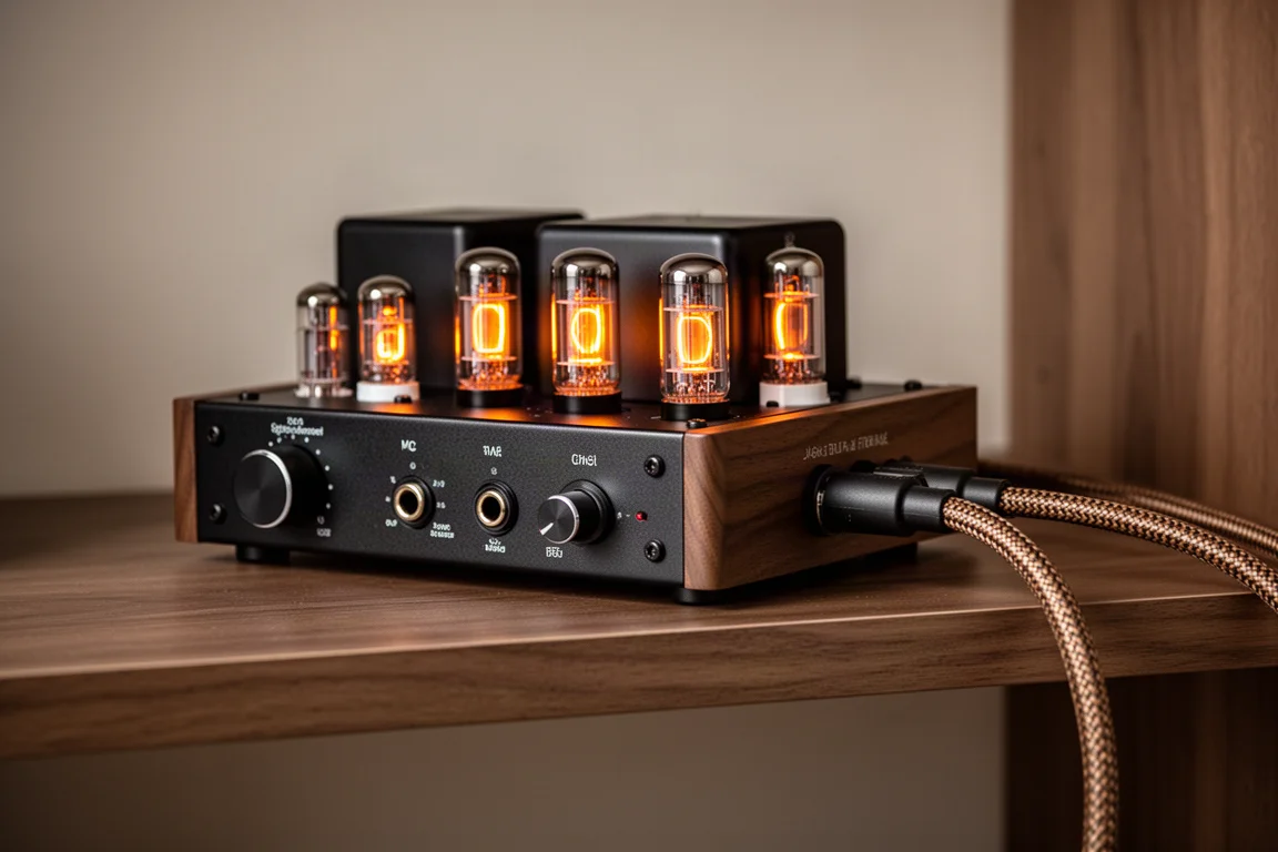Piccolo amplificatore valvolare con valvole luminose su una mensola di legno accanto al cavo dei diffusori