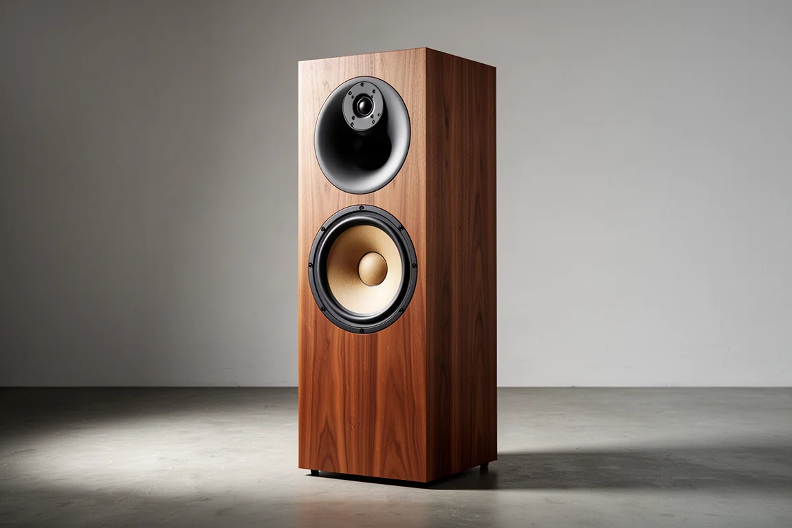 Tall wood-veneer floorstanding speaker with a large full-range driver and waveguide tweeter