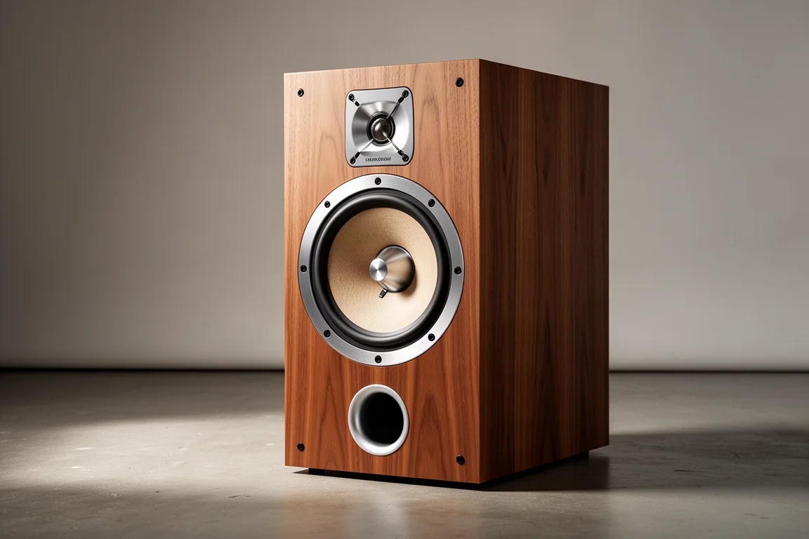 Large wood veneer standmount loudspeaker with a 10-inch cone driver and front bass port