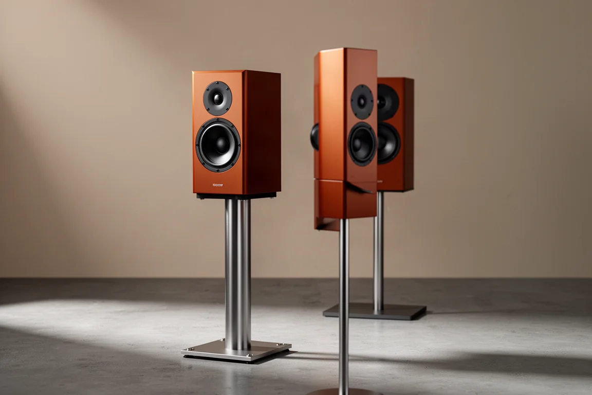 Compact burnt orange stand-mount speakers on slim steel stands against a neutral backdrop