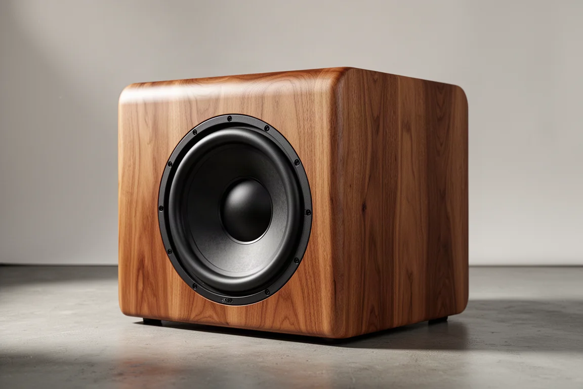 Large hickory-veneer sealed subwoofer with a 15-inch driver on a concrete floor