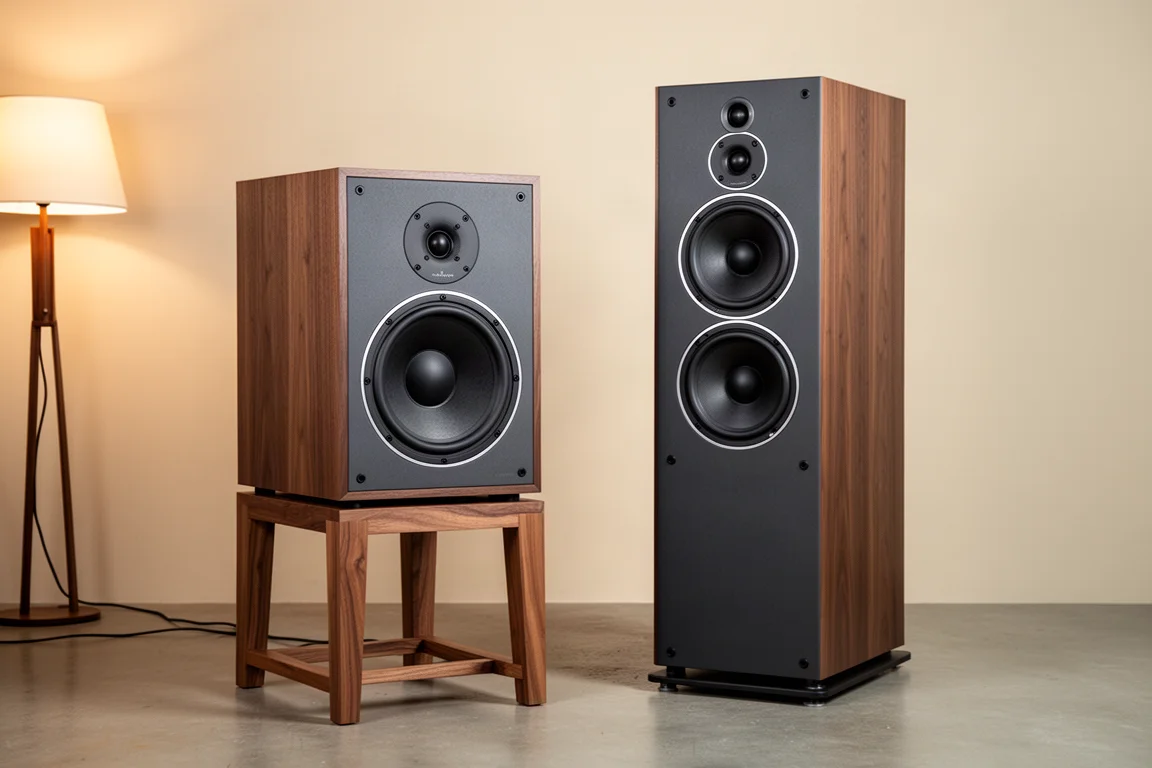 Large stand-mount speaker on a stand beside a floorstanding speaker in a listening room