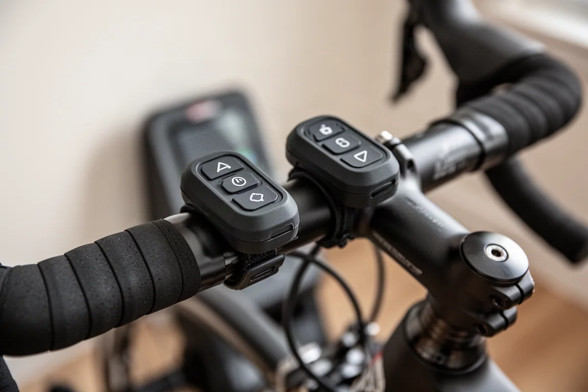 Due piccoli pod di controllo montati sul manubrio di una bici da indoor