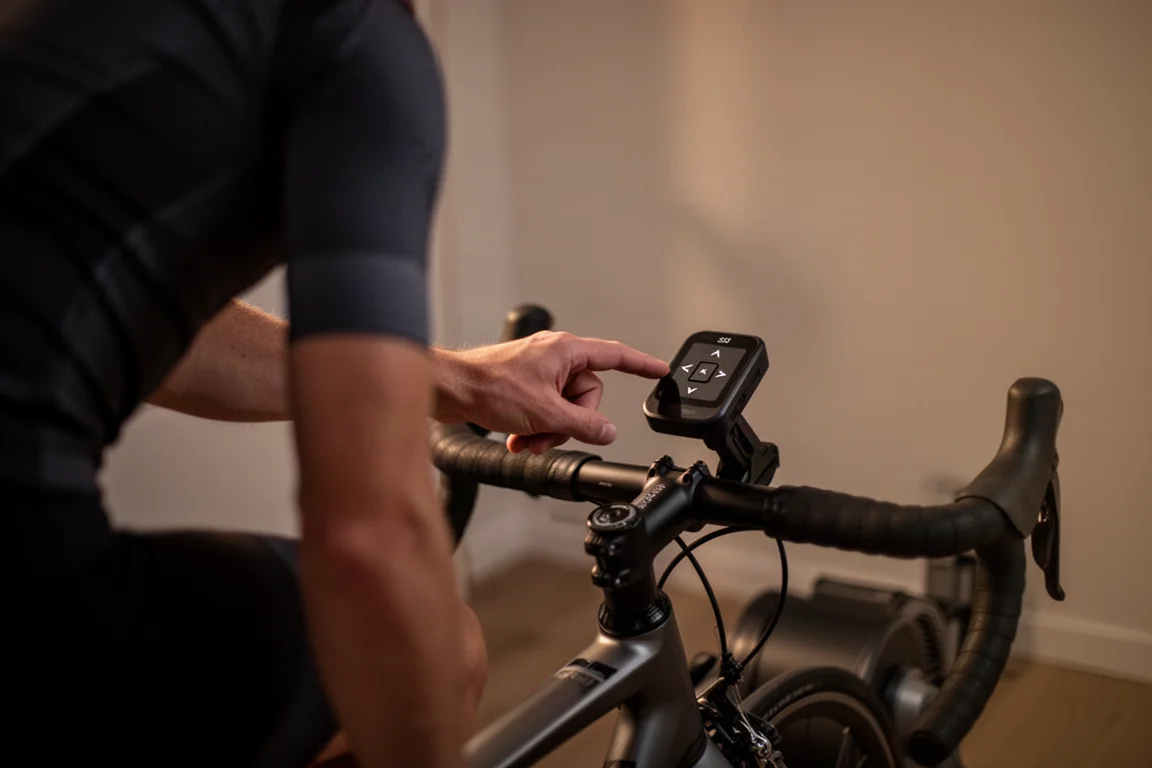 Il pollice del ciclista raggiunge i pulsanti direzionali sul pod del manubrio durante una sessione indoor