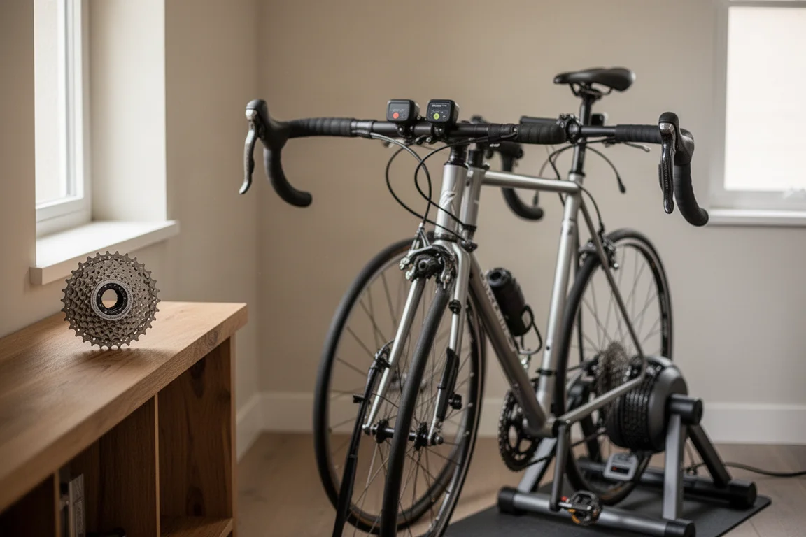 Rullo e configurazione del manubrio in un angolo dedicato al ciclismo indoor in casa