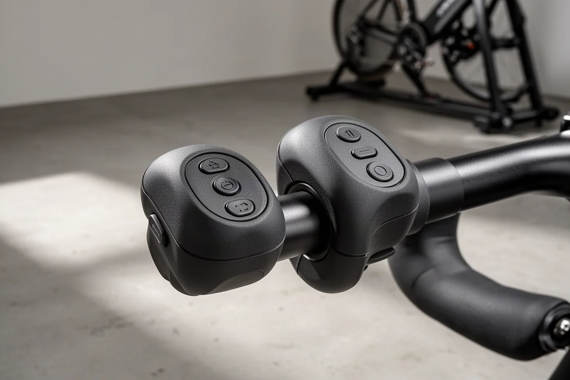 Two compact Zwift Click controller pods mounted on a bike handlebar