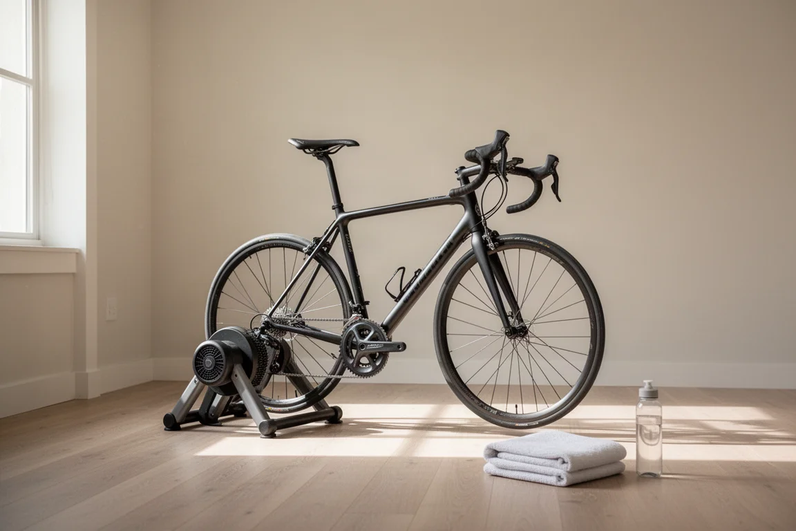 Wielrenner zet een racefiets op een direct-drive indoortrainer in een lichte woonkamer