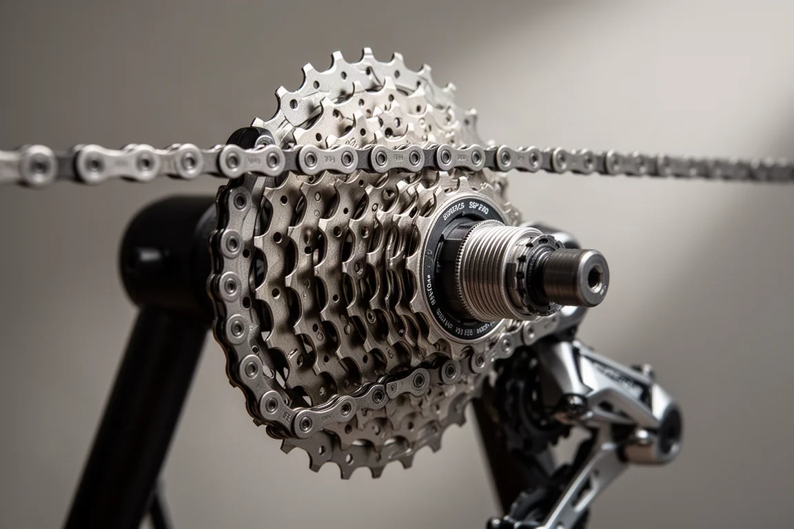 Close-up van een fietsketting die over een cassette met meerdere versnellingen op een indoortrainer loopt