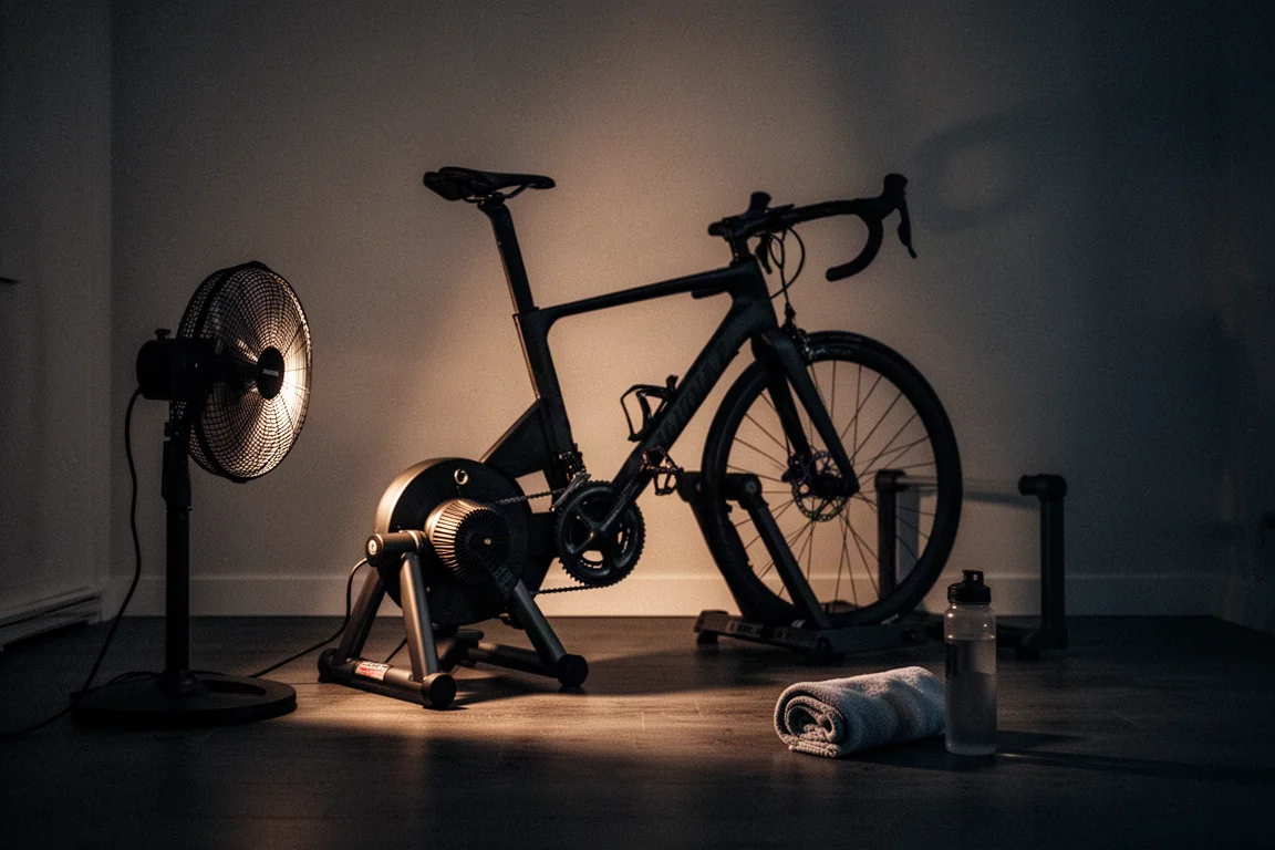 Indoortrainer opgeborgen in de hoek van een compact appartement met opgerolde mat en bidon