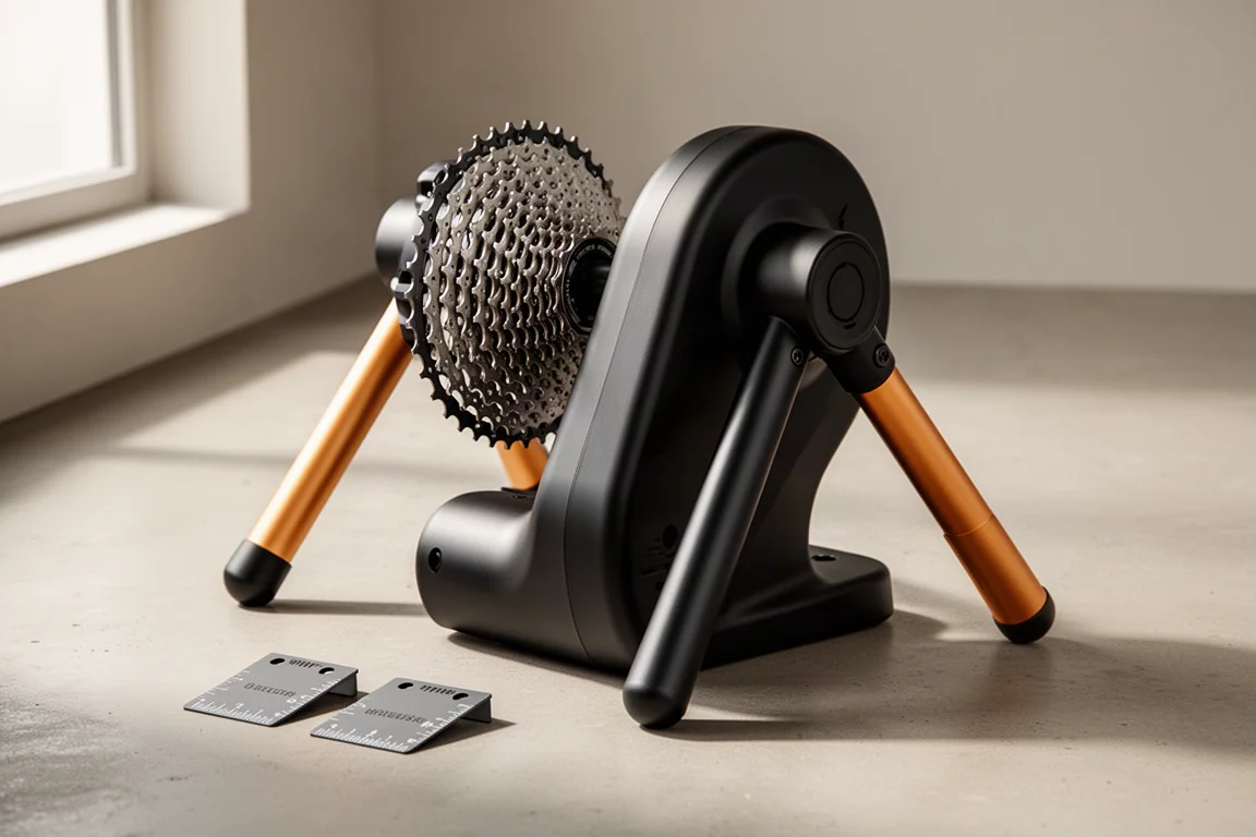 Black direct-drive indoor cycling trainer with fitted cassette on a concrete floor
