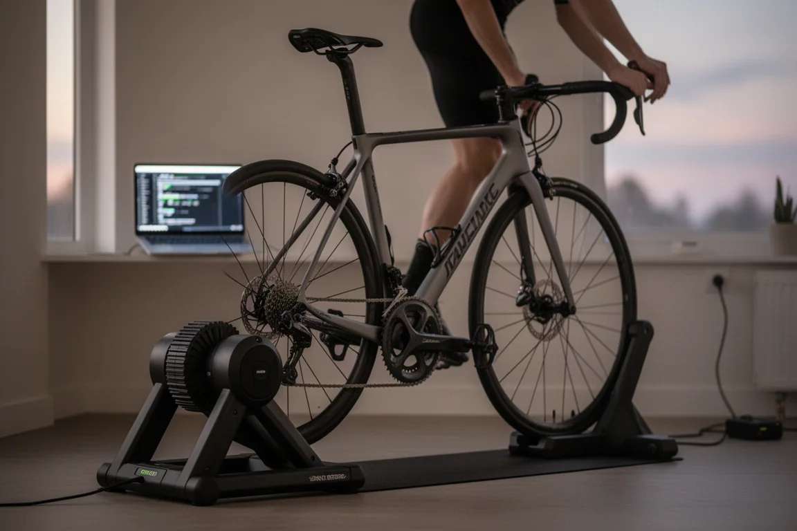 Radsportler auf einem Rennrad, das auf einem Smart-Trainer in einem Heimtrainingsraum steht