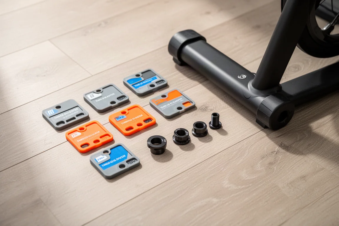 Farbcodierte Achsadapter-Karten, ausgelegt auf einem Holzboden neben Trainer-Hardware