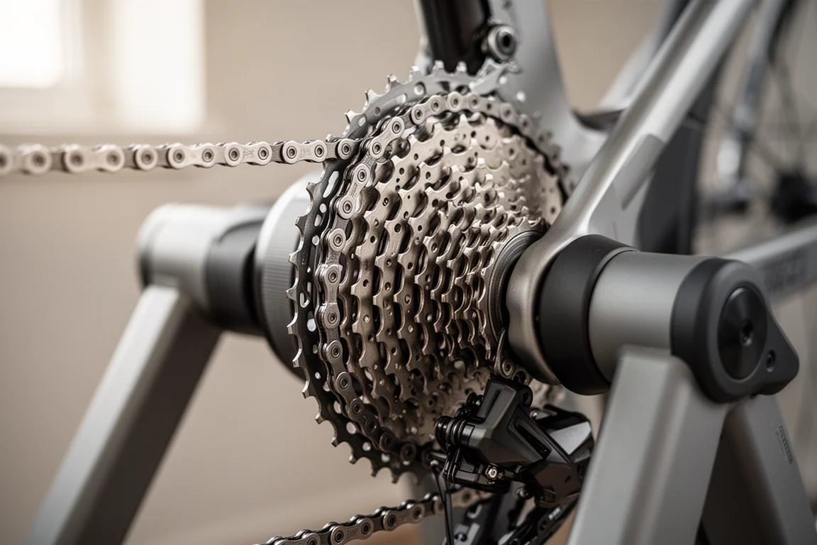 Nahaufnahme einer Fahrradkette, die über eine Cassette auf einem Direct-Drive-Trainer läuft
