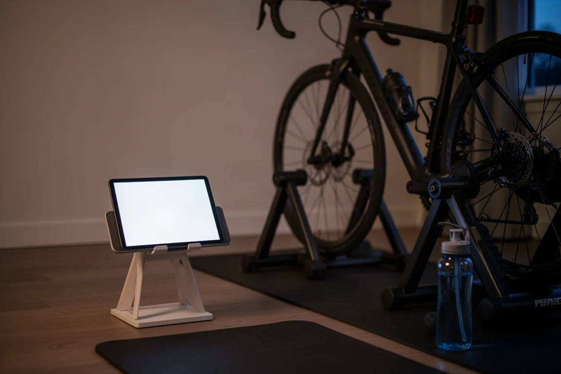 Fahrer koppelt eine Radfahr-App auf einem Tablet, während er sich auf dem Trainer aufwärmt