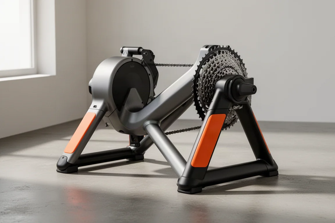 Direct-Drive-Smart-Trainer mit orangefarbenen Akzenten und Cassette auf einem Betonboden