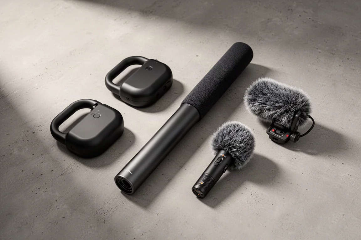 Handlebar controller pods, a long shotgun microphone and two compact microphones on concrete