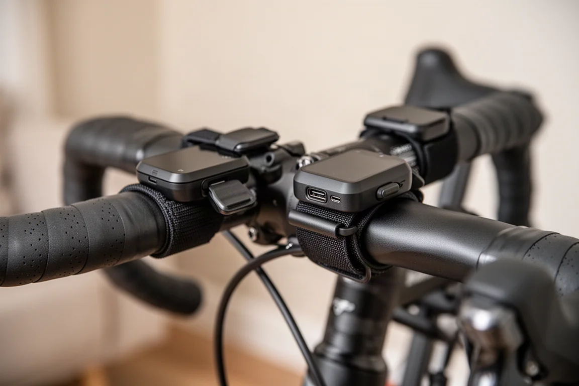 Two compact handlebar controllers mounted on an indoor cycling handlebar
