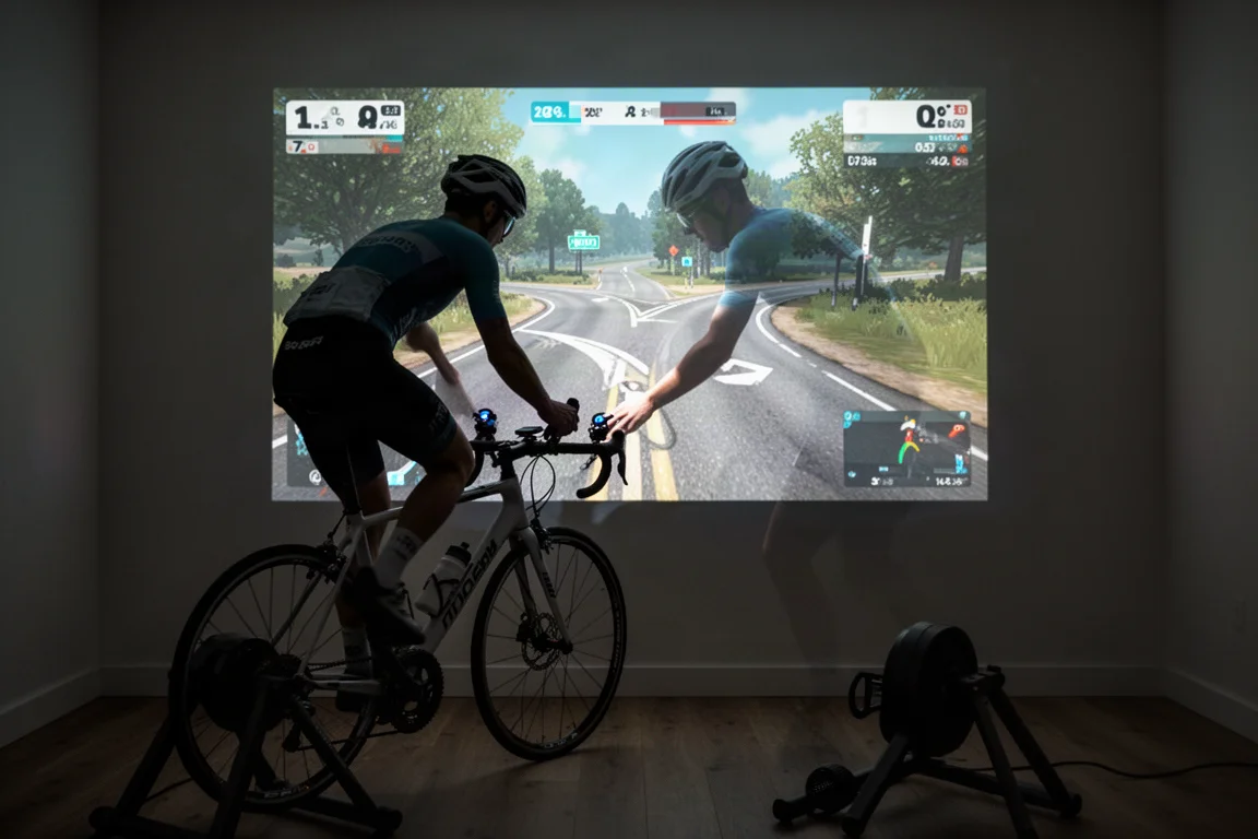 Indoor cyclist navigating a virtual junction on a training screen