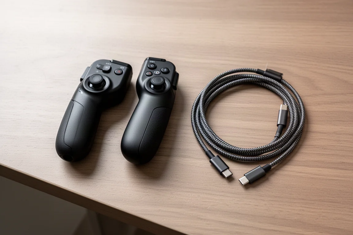 Handlebar controllers on a desk next to a USB-C charging cable