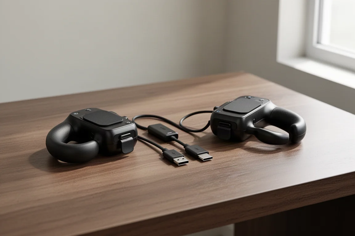 控制器透過雙頭 USB-C 線在木桌上充電