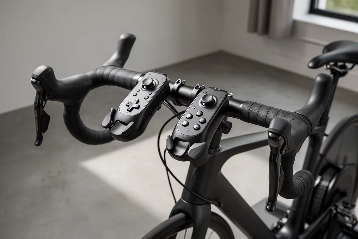 一對安裝在彎把手上的黑色 Zwift Play 控制器