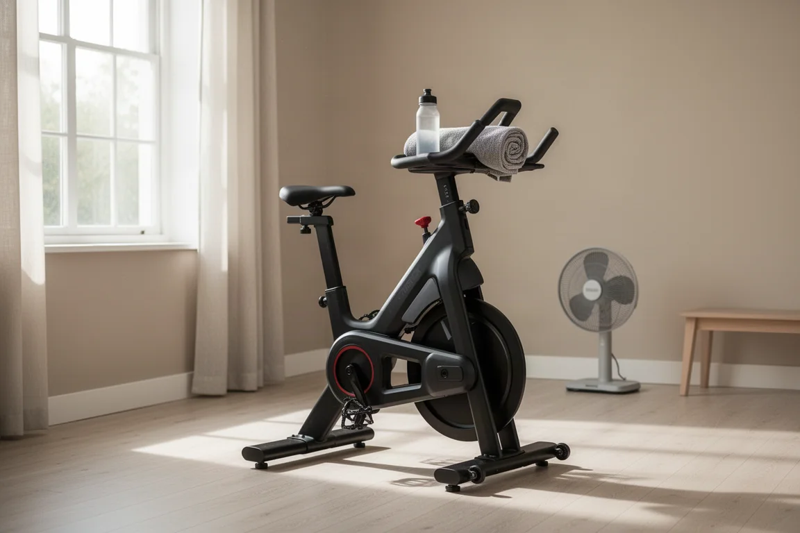 Rincón de entrenamiento indoor con un bastidor de bici inteligente instalado en un hogar luminoso