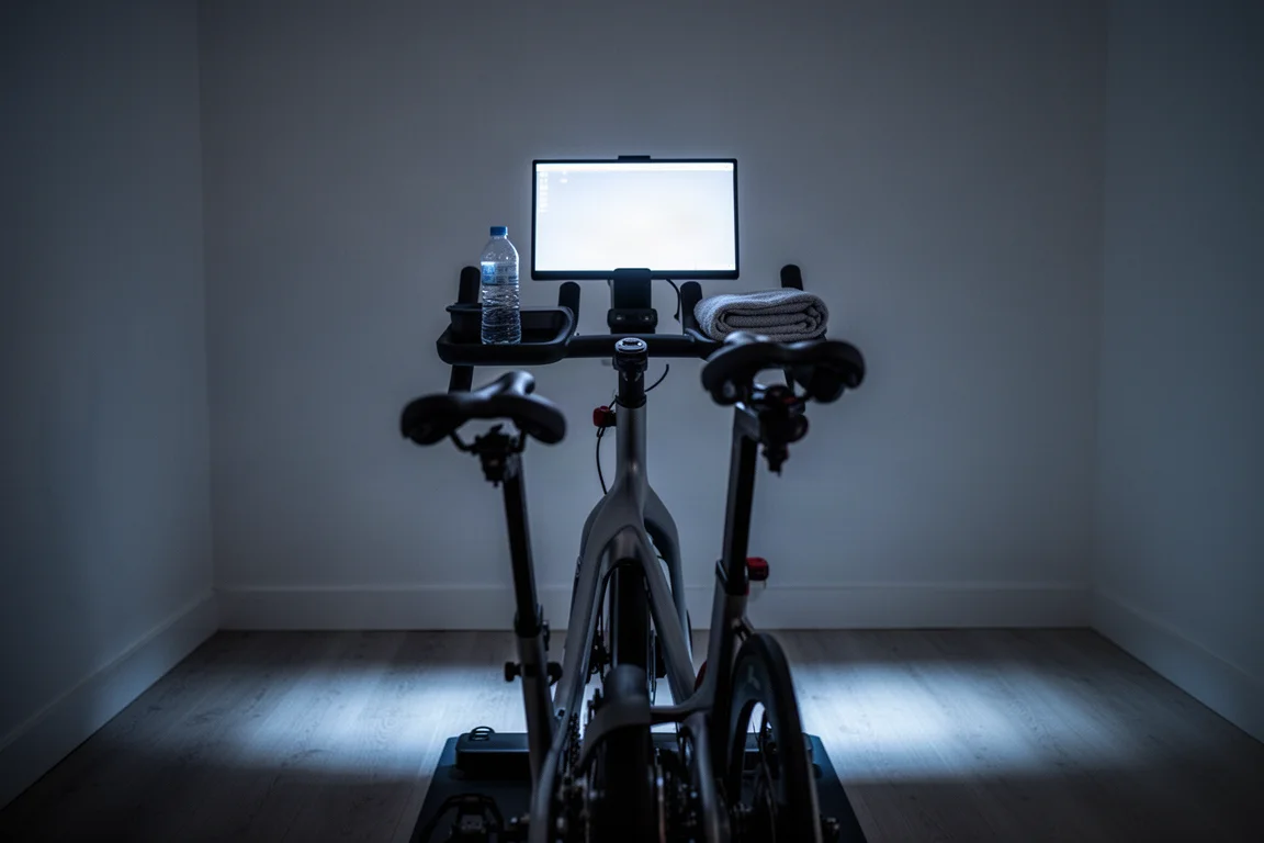 Dos ciclistas de distintas alturas turnándose en una configuración de entrenamiento indoor compartida