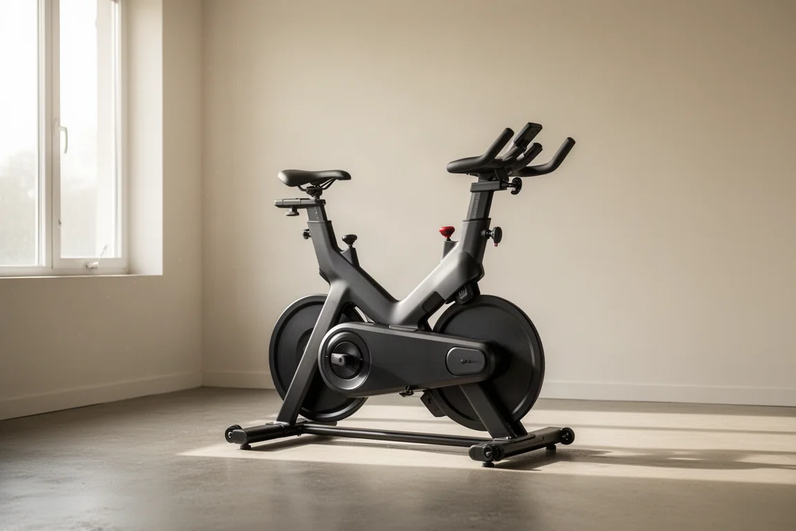 Indoor smart bike set up in a bright home training room