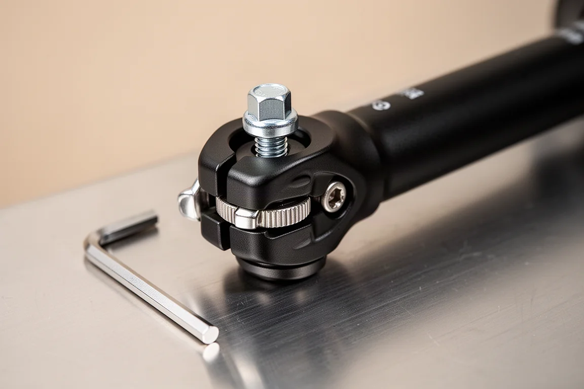 Close-up of an adjustable seatpost clamp with an Allen key on top