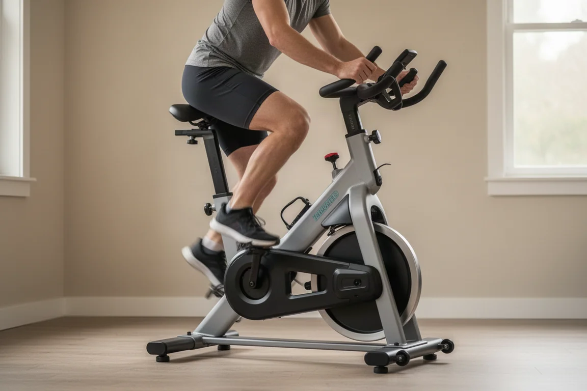 Rider swinging a leg over a compact indoor bike frame
