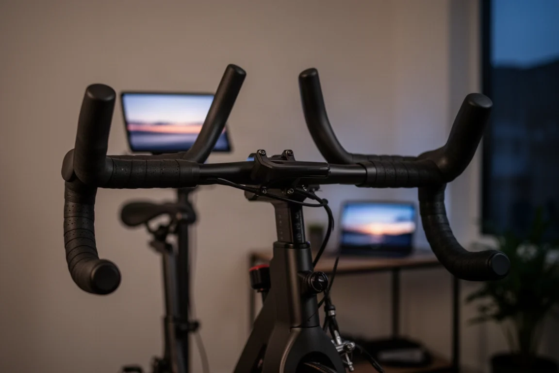 Wide drop handlebar tops on an indoor smart bike in soft light