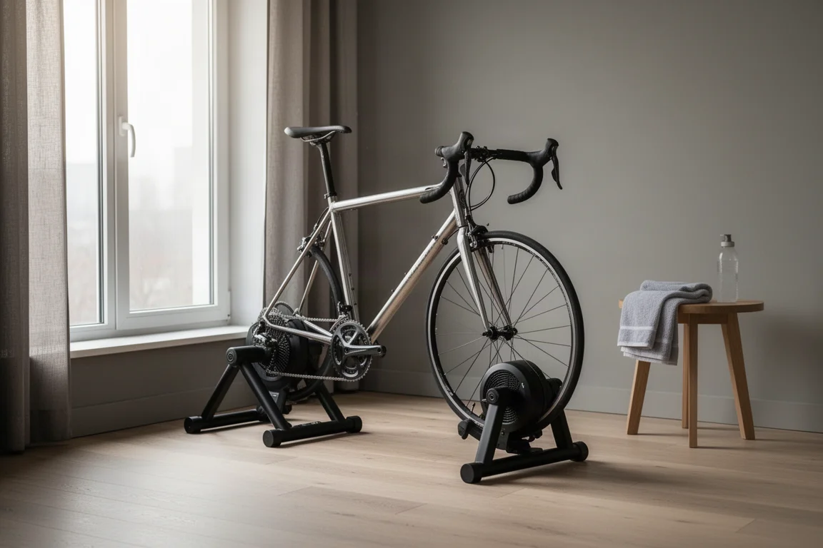 Compact indoor cycling corner with a frame mounted on a direct drive trainer