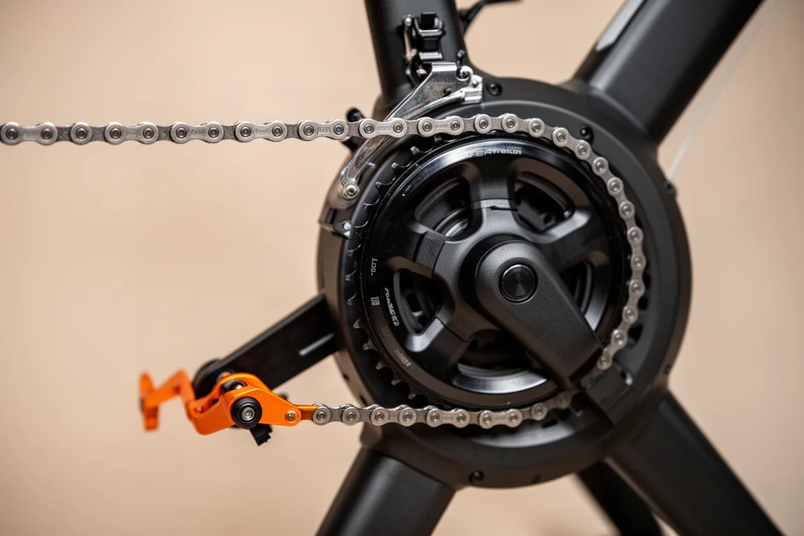 Single speed chain and cog detail on a direct drive trainer
