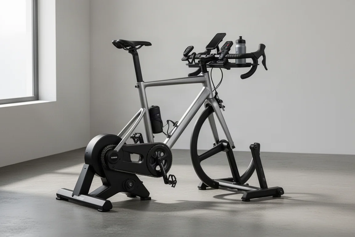 Zwift Ride steel indoor frame mounted on a Wahoo KICKR Core trainer in a bright room
