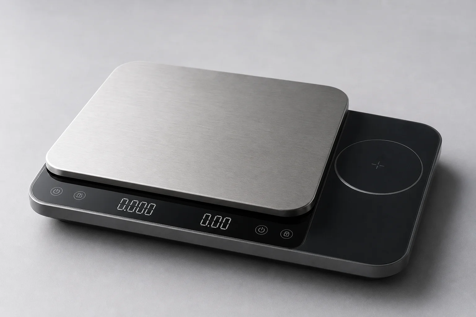 Seven kitchen scales arranged on concrete surface, ranging from budget to premium models