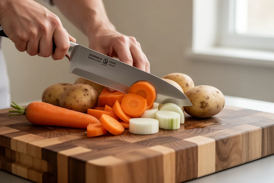 Chef slicing dense vegetables on a wooden cutting board in a bright kitchen