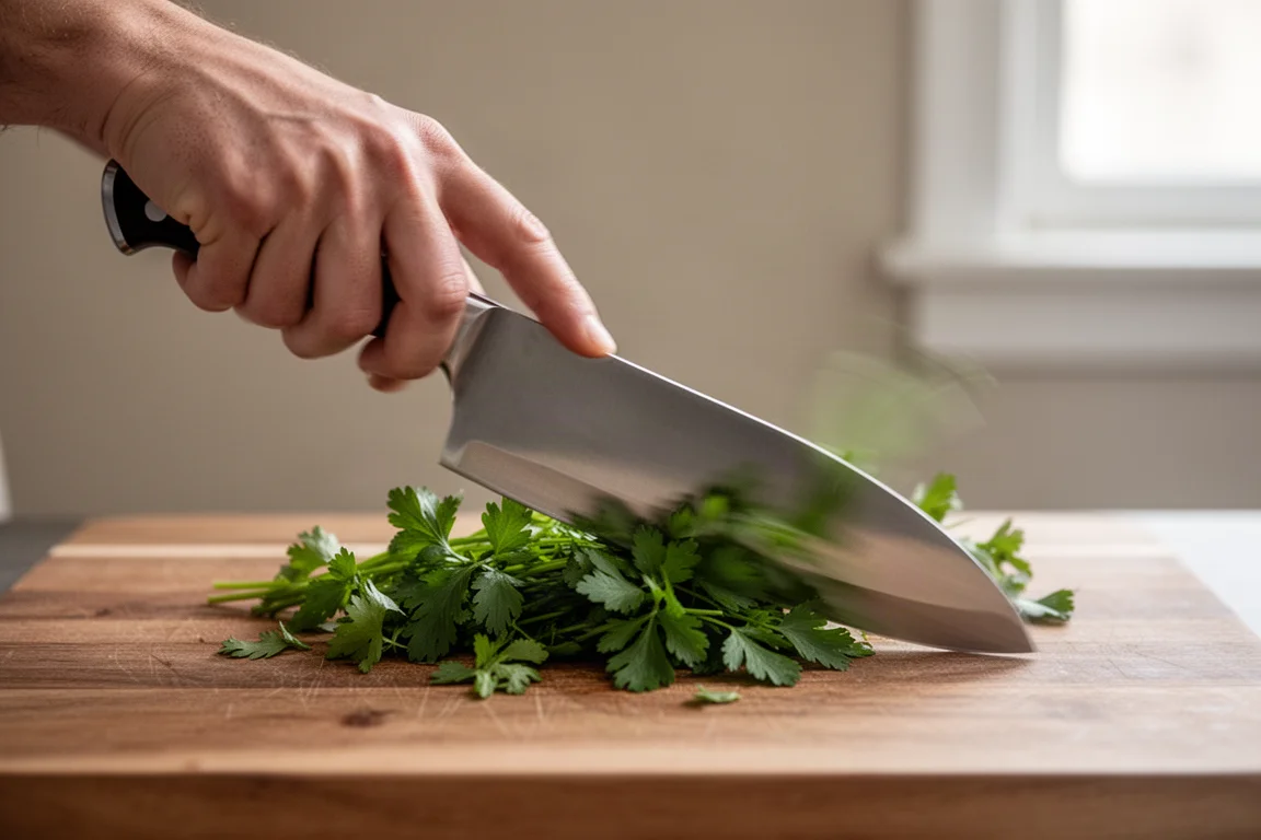 Cook rocking a chef's knife across herbs on a cutting board