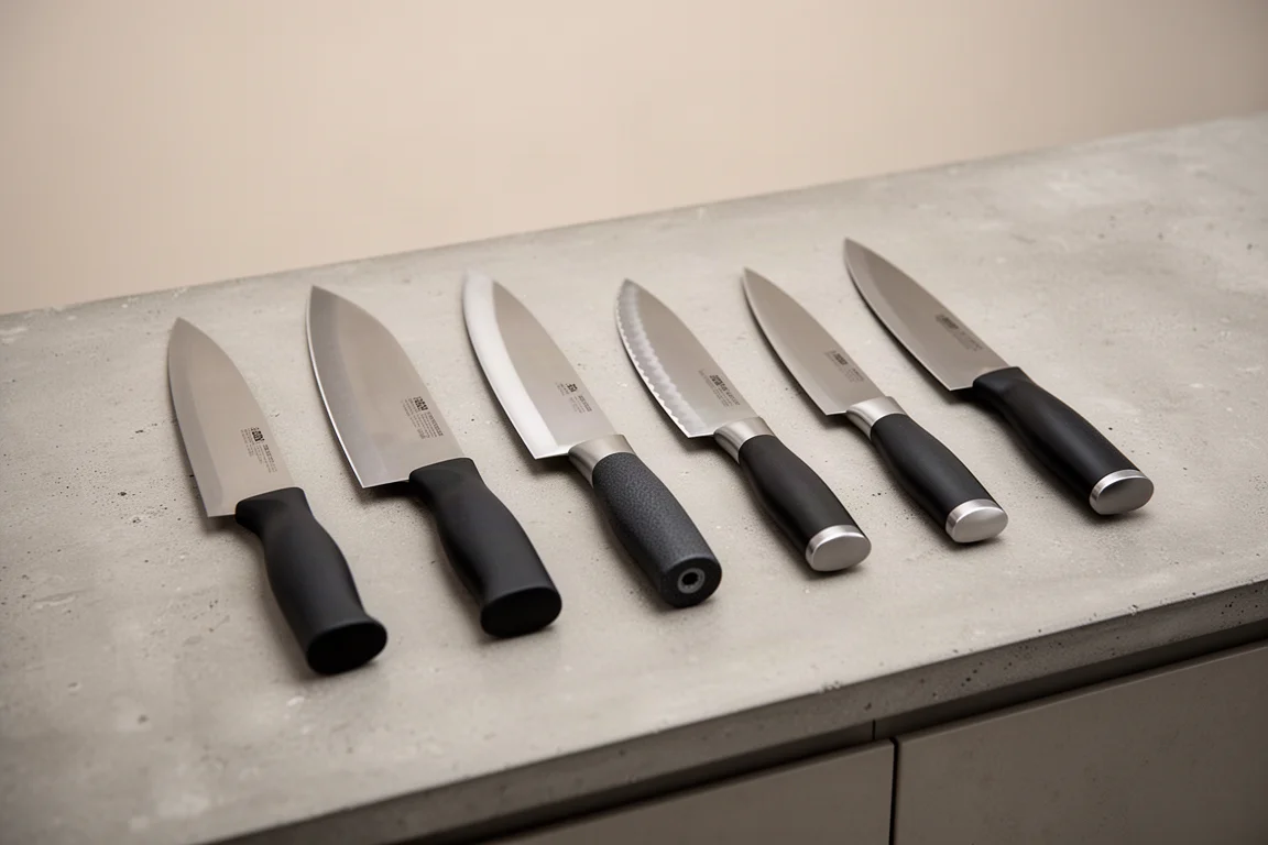 Six chef's knives lined up side by side on a kitchen counter
