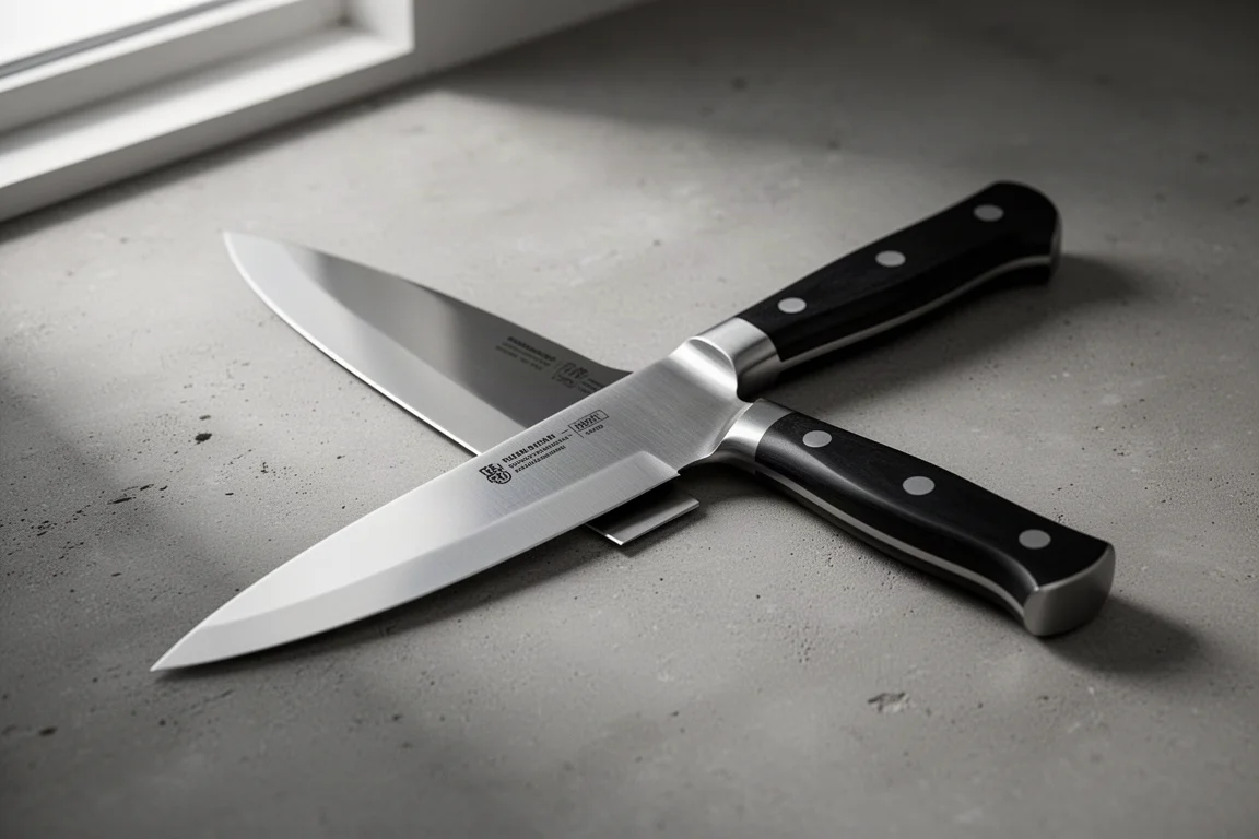 Forged German chef's knife with black riveted handle on a concrete surface