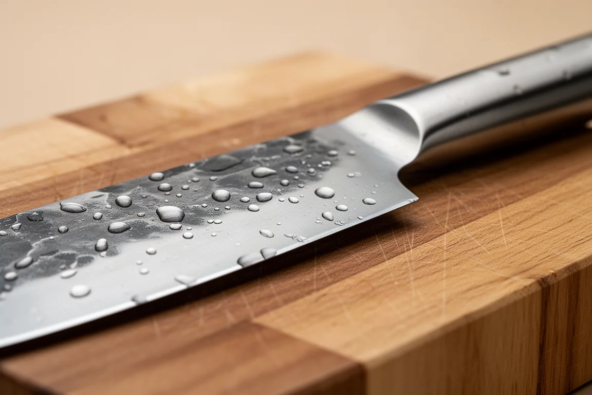 Close-up of a forged chef's knife blade edge on a wooden cutting board